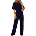 thumbnail image 1 of SDNall Red Casual Loose Jumpsuits for Women Solid Color Short Sleeved Jumpsuit Crew Round Neck Jumpsuit with Belt Long Wide Leg Pantsuits Womens Jumpsuits Dressy (Navy,Sizes：S-XXL), 1 of 9