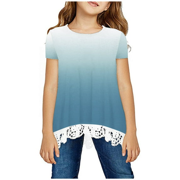 SDNall Shirts for Girls Crewneck Layered Floral Print Short Sleeve Cute Blouse Lace Tee Top Toddler Girls Activewear Tops Age:9-10 Years