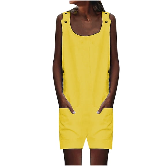 SDNall Short Jumpsuits for Women Fashion Ethnic Style Solid Buttons Pocket Loose Suspender Jumpsuit Womens Romper Sizes:S-2XL