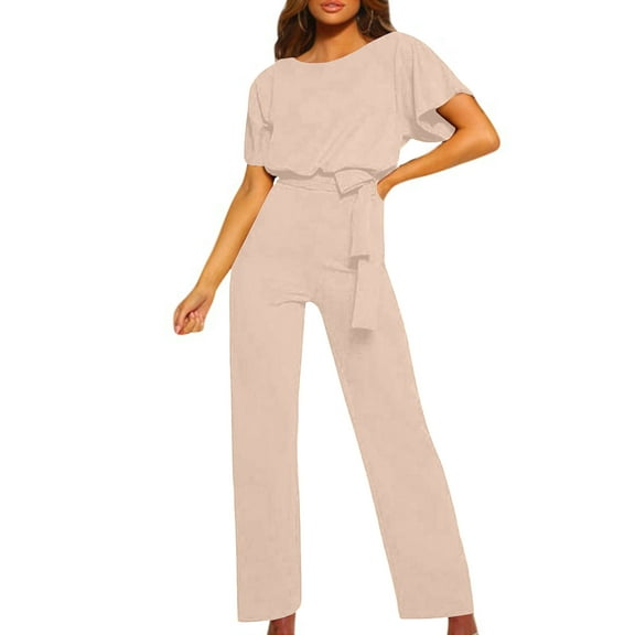 SDNall Short Sleeve Jumpsuit for Women Loose Batwing Sleeve Crewneck Rompers Long Pants Tie Waist Wide Legs Overall One Piece Outfits Rompers for Women Wedding Guest Outfit for Women(S-2XL,Beige)