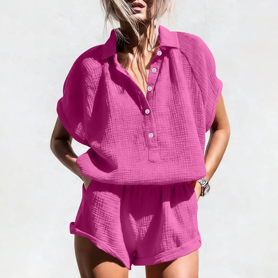 SDNall Short Sleeve Shirt and Shorts Set for Women, Solid Color Half Button Down Top with Pocket, Loose Fit Casual and Home Wear Outfit, Soft Summer Tops