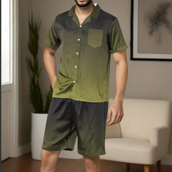 SDNall Short Sleeve Shorts Pajama Set Men's Pajama Set - Silky Smooth Short Sleeve Top and Shorts for A Restful Summer Sleep (Army Green,Sizes：S-XXL)
