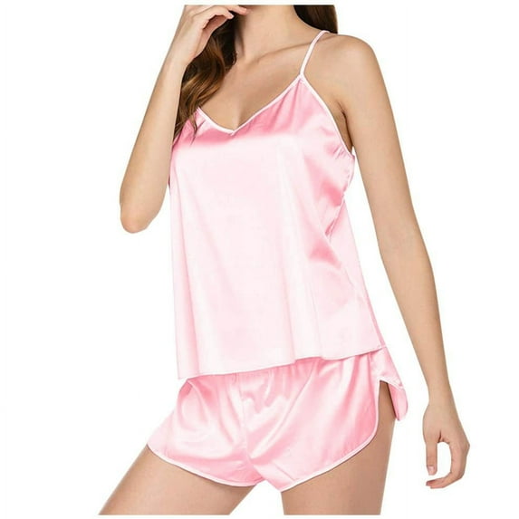 SDNall Silk Pjs for Women Set V-Neck Sling Tank Shorts Home Suit Camisole Pajamas Shorts Set