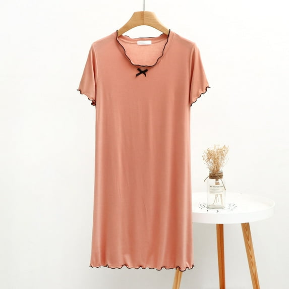 SDNall Sleep Dress for Women V-Neck Short Sleeve Lace Trim Solid Color Loose Fit Home Lounge and Nightwear with Regular Length