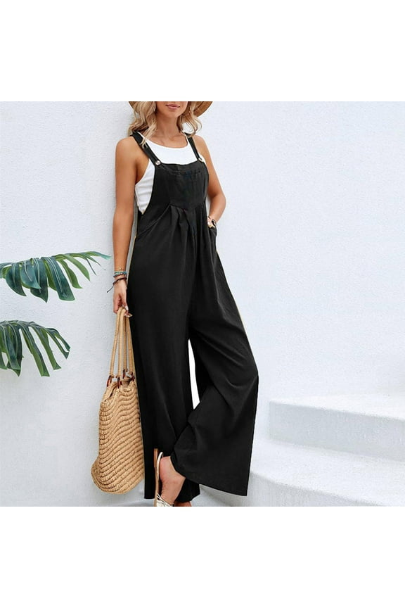 Sleeveless Jumpsuits for Women, Casual Summer Romper with Adjustable Straps and Side Pockets, Soft Solid Color One-Piece for Daily Wear