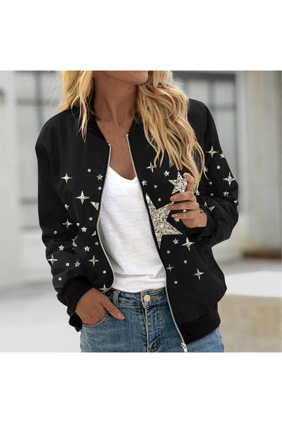 Star Sweater，Star Sweatshirt，Women's Rhinestone Star Pattern Drop Shoulder Zip Up Hooded Sweatshirt