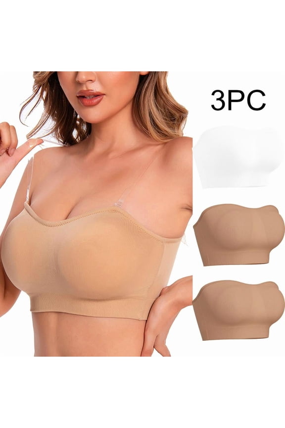 Strapless Bra Plus Size Clear Strap Bras for Women Comfortable Bras for Women Bras No Underwire Full Support (3Xbra+3X Transparent Shoulder Strap S-2XL)