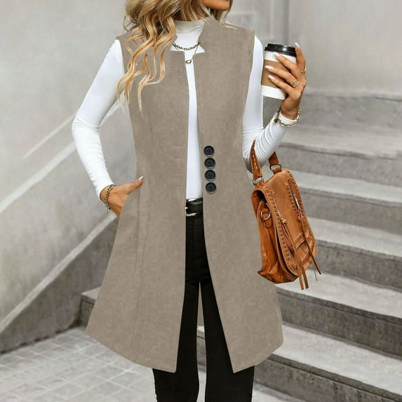 SDNall Suit Jackets for Women, Women'S Solid Woolen Casual Daily Lapel Button Front Woolen Suit Temperament Elegant Sleeveless Jacket with Pocket