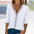 thumbnail image 1 of SDNall Summer Blouses for Women 2024 Fashion T-Shirt Floral Printed Lace Three Quarter Sleeve Blouse V-Neck Casual Tops Womens Blouses (White, Sizes S-XXL), 1 of 9
