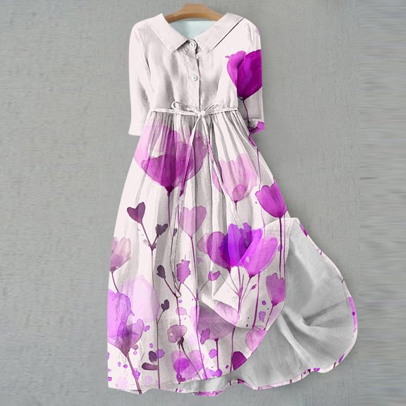 SDNall Summer Dress for Women, Dress with Sleeves, Summer Dress with Sleeves, Womens Summer Printed Fashion Three-Quarter Sleeve Turndown Collar Dress, Summer Dress with Sleeves for Women