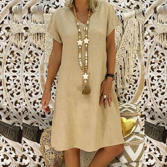SDNall Summer Dresses for Women 2024 V-Neck Solid Short Sleeve Cotton and Linen Dress Casual Dresses