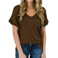 thumbnail image 1 of SDNall Summer T-Shirts for Women 2024 Fashion Summer V-Neck Leisure Short Sleeve Solid Tops Womens T-Shirts (Coffee,Sizes:S-2XL), 1 of 9