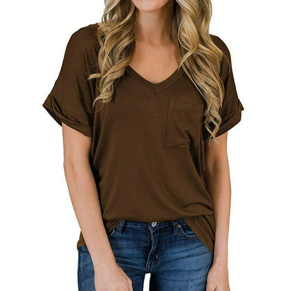 SDNall Summer T-Shirts for Women 2024 Fashion Summer V-Neck Leisure Short Sleeve Solid Tops Womens T-Shirts (Coffee,Sizes:S-2XL)