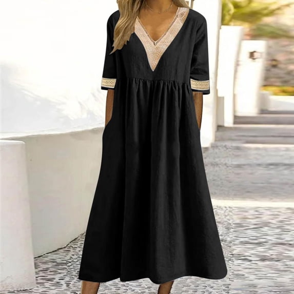 SDNall Sundresses for Women 2024 Summer New Solid Color Short-Sleeved Lace V-Neck Waistline Hem Dress Midi Dresses