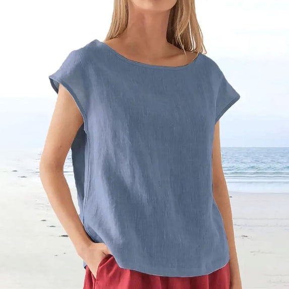 SDNall T-Shirts for Women Summer Fashion Cropped Sleeves Lapel V-Neck Cotton Line Loose Women'S T-Shirts (Blue, Sizes S-XXL)