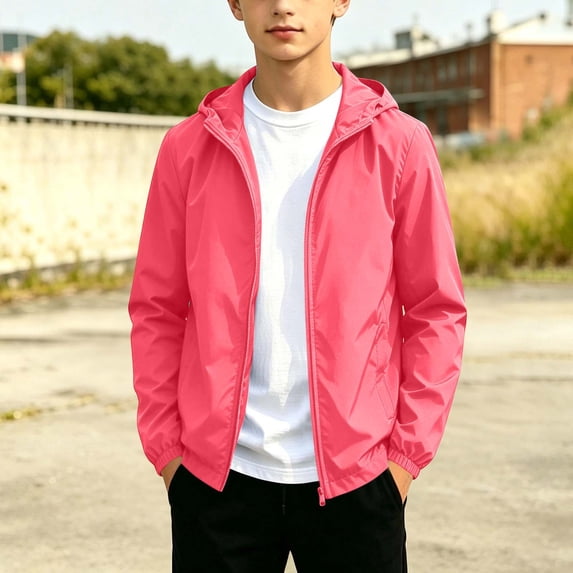 SDNall Teen Boys and Girls Sport Hooded Jacket, Solid Color Zip Up Outdoor Windbreaker, Fall Winter Everyday Casual Outerwear for Daily Activities 12-19 Years