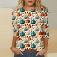 thumbnail image 1 of SDNall Thanksgiving Shirts for Women Casual 3/4 Sleeve Crewneck Cute Tops Halloween Thanksgiving Funny Pumpkin Print Trendy Tops Three Quarter Length T Shirt (S-XXXL,Beige), 1 of 5