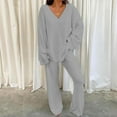 thumbnail image 1 of SDNall Two Piece Outfits Long Sleeve Solid Color Tops with High Waist Pants Baggy Warm Pajama Sets, 1 of 9