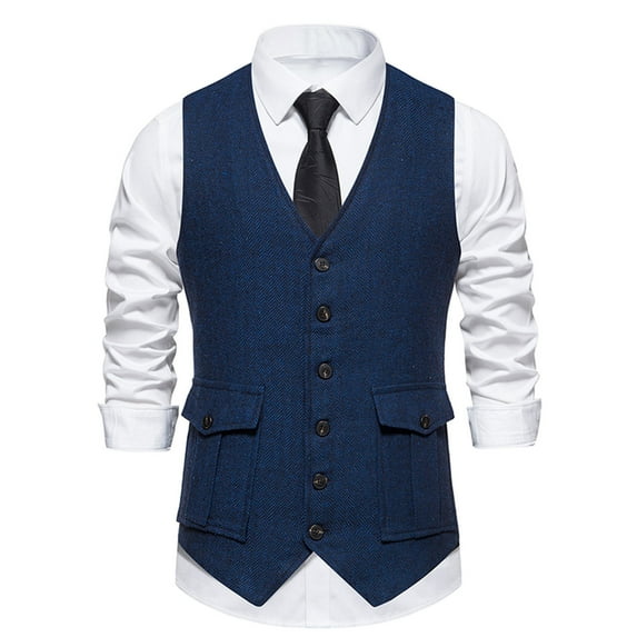 SDNall Waistcoat for Men Suit for Man Fashion Retro Have Pockets Single-Breasted V-Necktops Blouse Vintage Clothes Men (Blue Sizes:S-2XL)