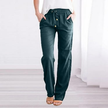 SDNall Wide Leg Pants Woman Fashionable Cotton Linen Loose Drawcord Casual Wide Leg Trousers (Army Green, Sizes S-XXXL)