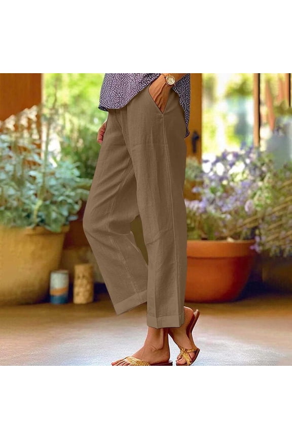 Wide Leg Pants Woman Spring and Solid Color Elastic Waist Cotton Linen Versatile Straight Tube Casualpants