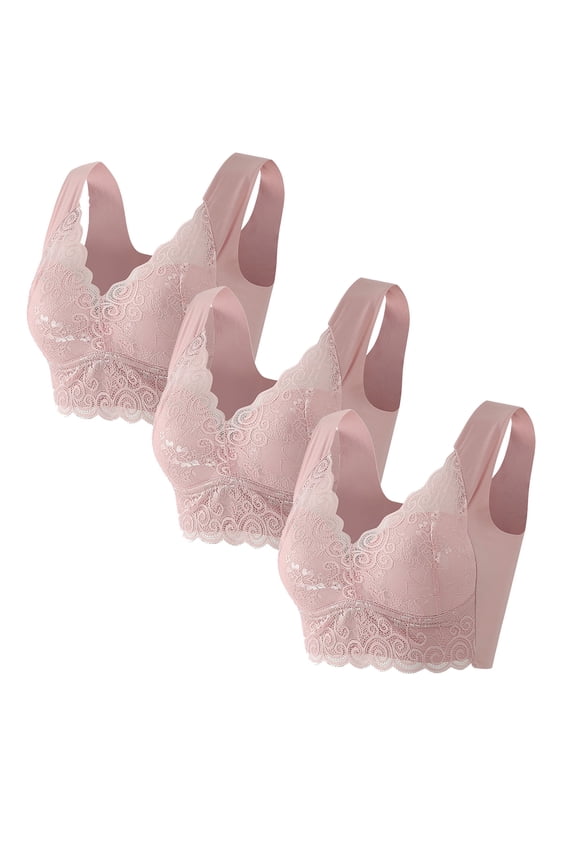 Wireless Bra for Women, Plus Size Lace Bralette with Side Support and Lift, 3-Piece Set in Black for Everyday Wear