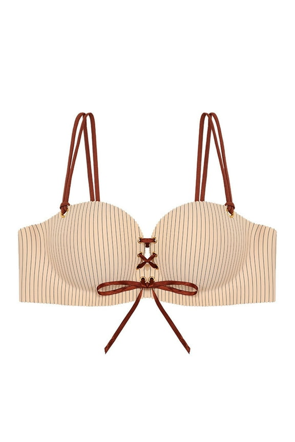 Wireless Bra for Women with Front Tie and Back Buckle, Thin Cushioned Cups, Breathable Comfort for Everyday Wear in Beige
