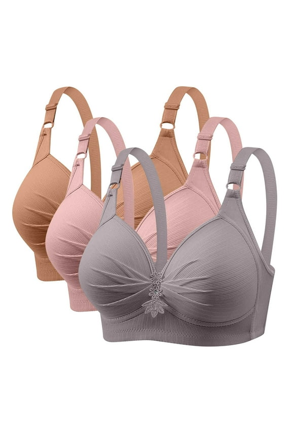 Wireless Bras for Women, 3-Pack Seamless Underwear with Lightly Lined Push-Up and Comfort Fit in Gray, Khaki and Blush