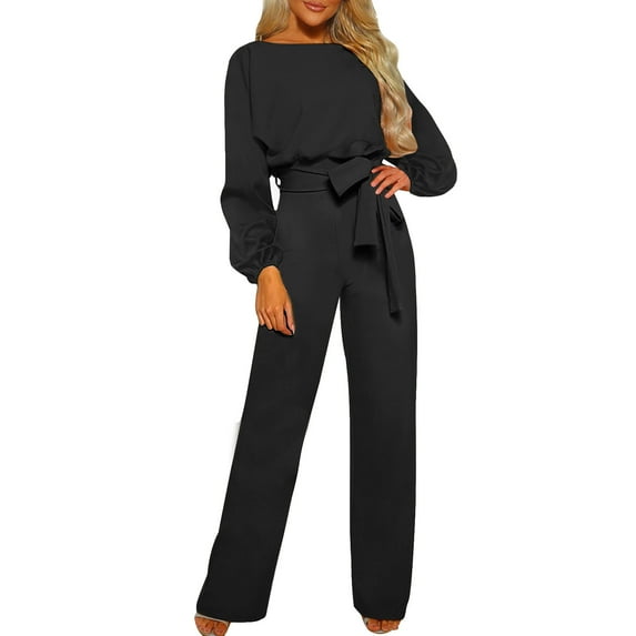 SDNall Women Jumpsuits on Clearance Solid Color Long Sleeved Jumpsuit Crew Round Neck Jumpsuit with Belt Long Wide Leg Pantsuits Womens Jumpsuits Dressy (Black,Sizes:XS-XXL)