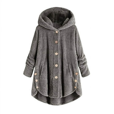 SDNall Women Plus Size Button Plush Tops Hooded Loose Cardigan Wool Coat Winter Jacket