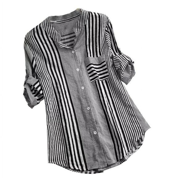 SDNall Women Plus Size Three Quarter Striped Print V-Neck Loose T-Shirt Blouse