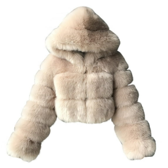 SDNall Women Short Faux Hooded Warm Furry Splicing Jacket Long Sleeve Outerwear