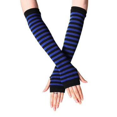 SDNall Women Striped Long Fingerless Gloves Winter Wrist Arm Hand Warmer Knitted Long Fingerless Gloves Mitten Winter Warmers Fingerless Thumbhole Elastic Long Knitted Party Costume Gloves