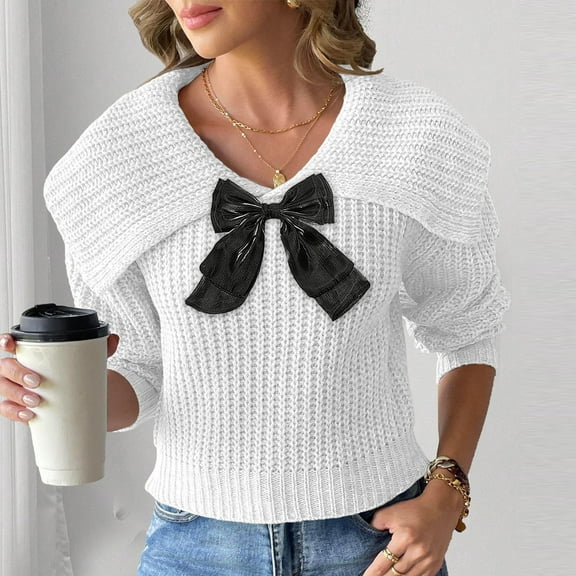 SDNall Women's Bow Long Sleeve Sweater - Casual, Collar, and Trendy Butterfly Knot