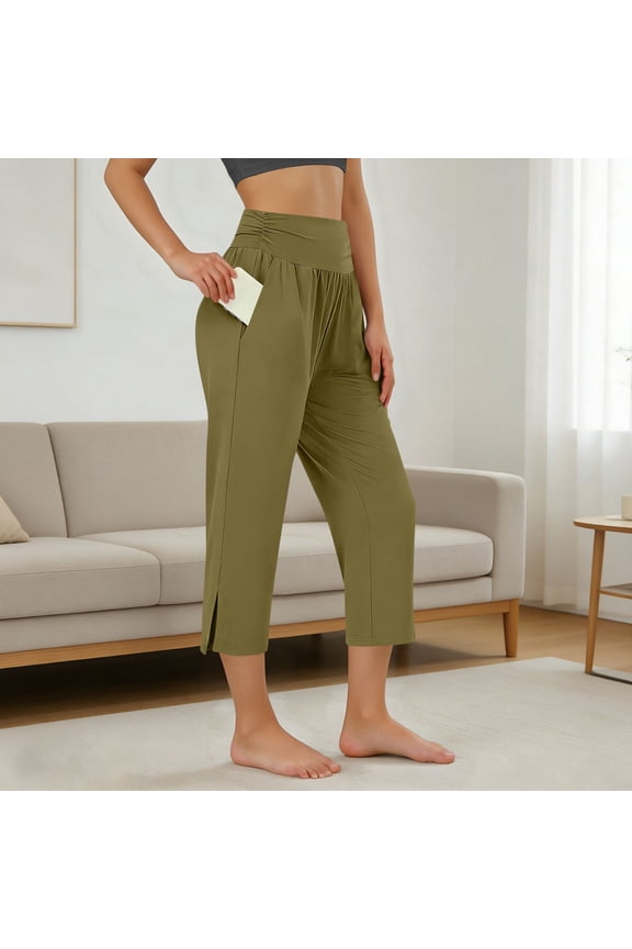 Women‘s Casual 7/8 Length Pants with Side Slit, Elastic Waist Pocketed Lounge Pants for Home Wear and Summer