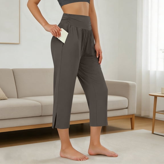 SDNall Women‘s Casual 7/8 Length Pants with Side Slit, Elastic Waist Pocketed Lounge Pants for Home Wear and Summer