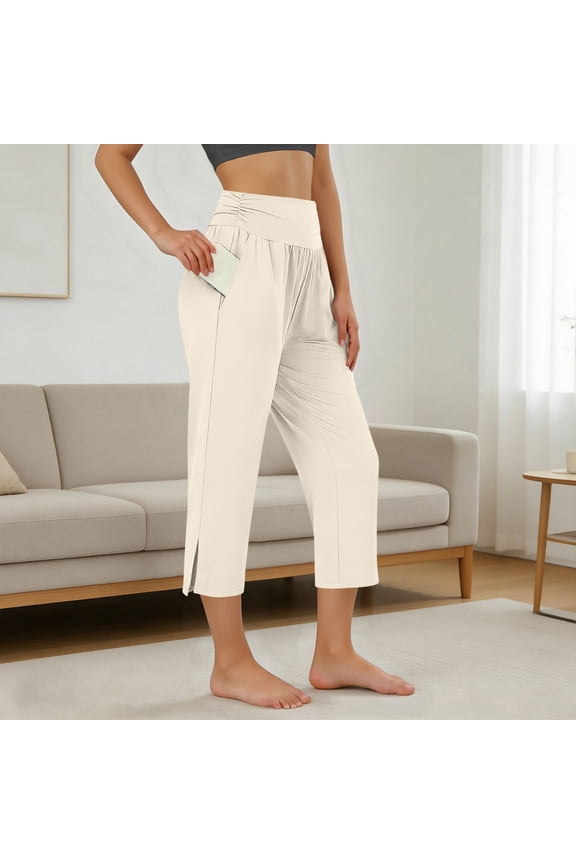 Womenâs Casual 7/8 Length Pants with Side Slit, Elastic Waist Pocketed Lounge Pants for Home Wear and Summer