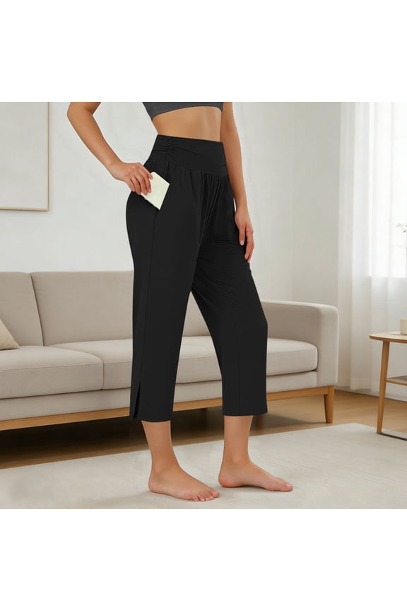 Women‘s Casual 7/8 Length Pants with Side Slit, Elastic Waist Pocketed Lounge Pants for Home Wear and Summer