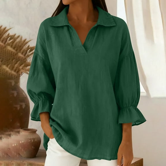 SDNall Women‘s Casual Blouse, Breathable Linen Cotton V-Neck Top with Three Quarter Sleeves for Everyday Wear, Relaxed Fit Button Down Shirt