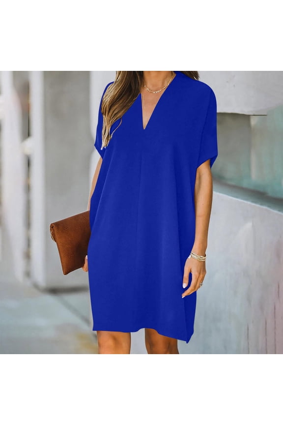 Women's Casual Summer Dress, Short Sleeve V-Neck Solid Dress for Daily Outings, Vacation, Party, Flowy and Comfortable Polyester Dress for Spring and Summer (Note: Asian Size, Runs Small)