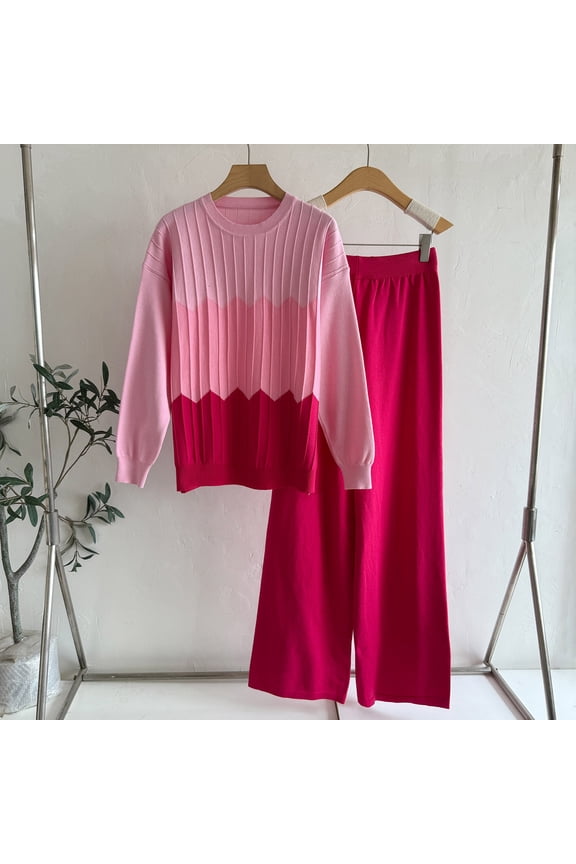 Women's Casual Two-Piece Set, Color Block Long Sleeve Knit Sweater with Wide Leg Pants