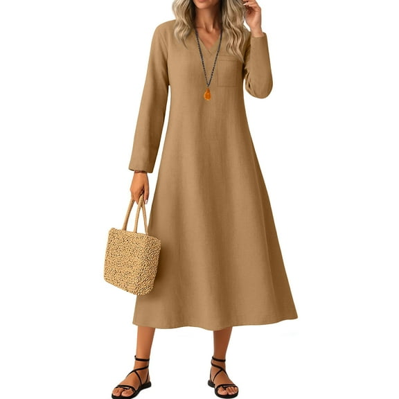 SDNall Women's Casual V-Neck Dress with Long Sleeve, Pocket Maxi Dress