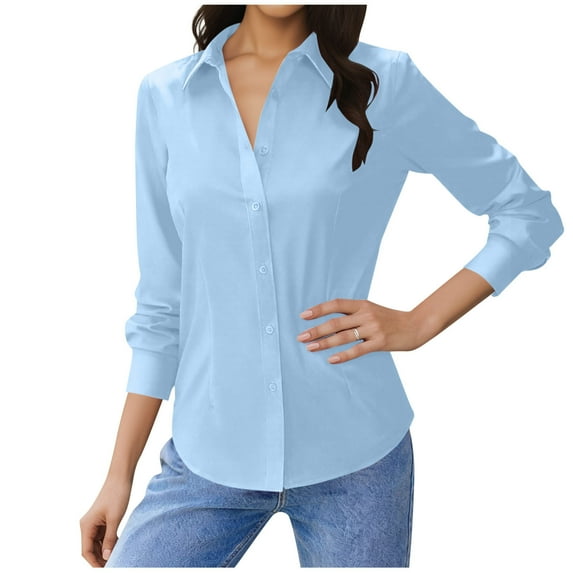 SDNall Women‘s Classic Button-Down Shirt, Solid Color Long Sleeve Tailored Blouse for Office & Casual Wear