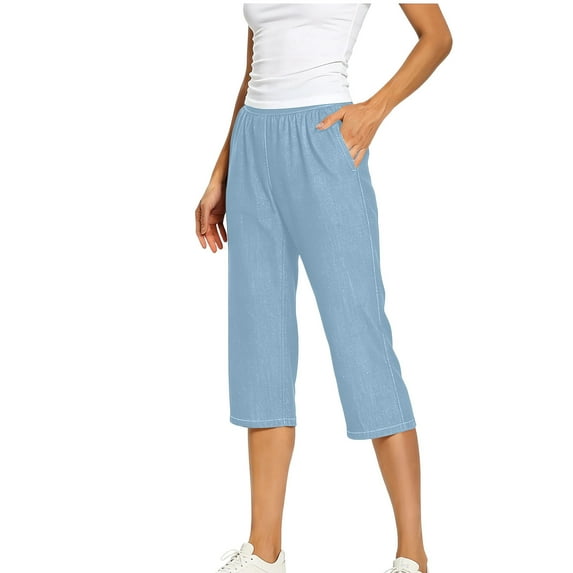 SDNall Women's Denim Capri Leggings with Pockets, Relaxed Fit Stretchy Cropped Pants for Casual & Lounge Wear