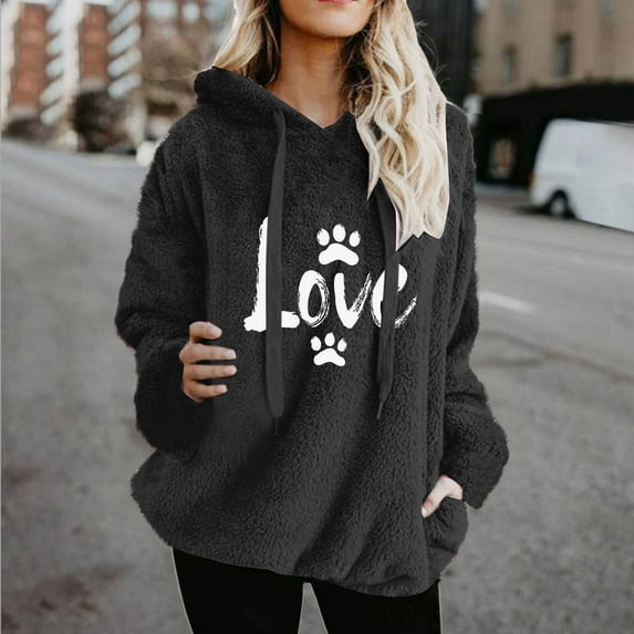 SDNall Women's Dog Paw Print Hoodie - Long Sleeve, Double Faced, Fleece, Drawstring Hood