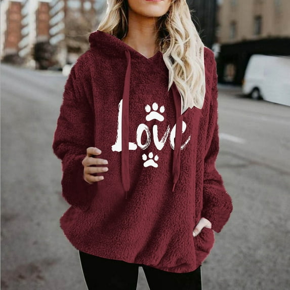 SDNall Women's Dog Paw Print Hoodie - Long Sleeve, Double Faced, Fleece, Drawstring Hood
