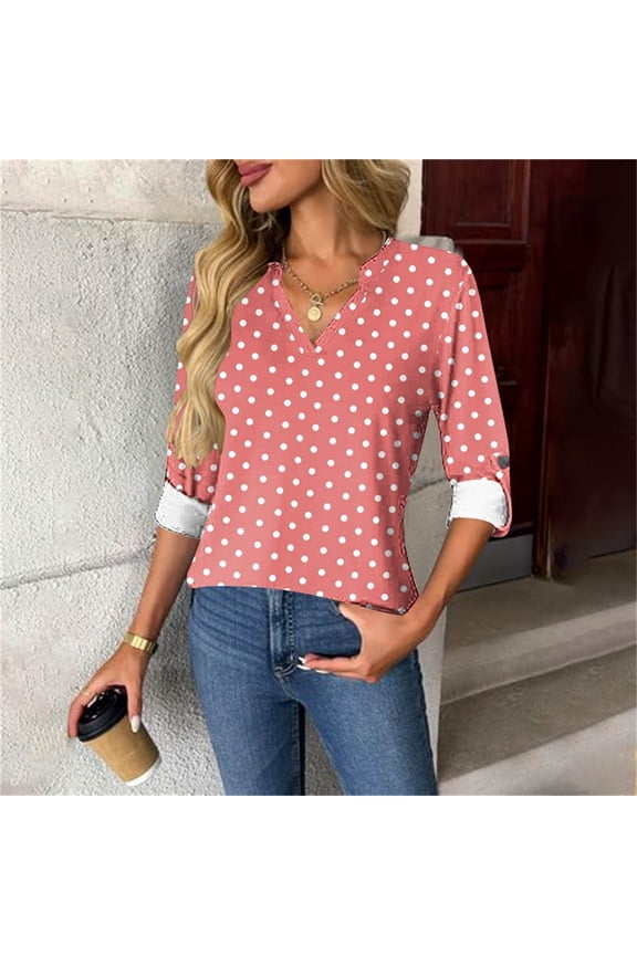 Women's Fashion Print Long Sleeve V-Neck Shirt, Polka Dot Printed Button-Down Top