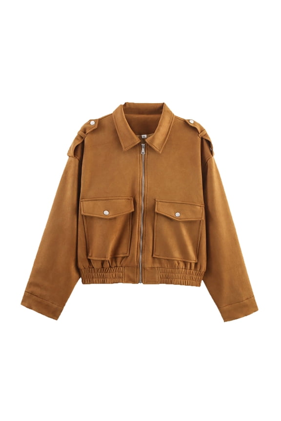 Women's Faux Leather Short Jacket with Zipper Pockets - Fashion Belted Collar