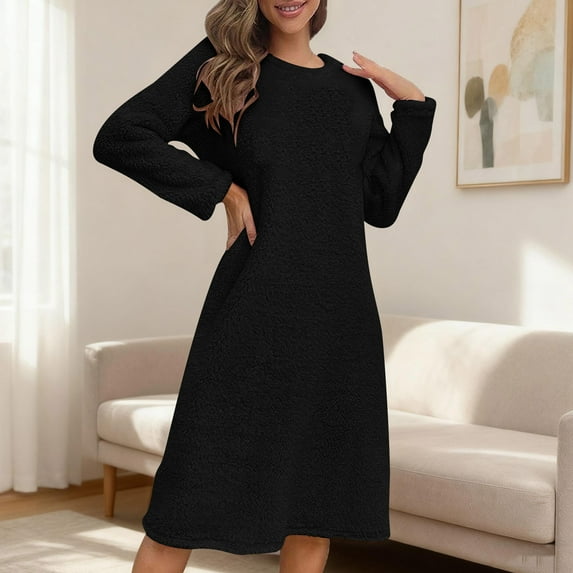 SDNall Women's Fleece Pajama Dress, Solid Color, Long Sleeve, Thick Nightgown, Warm Sleepwear