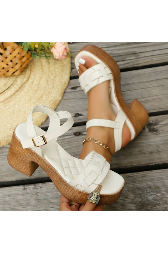 Women's Heeled Sandals, Roman Style with Adjustable Ankle Strap, Cushioned Insole and 3.34 Inch Block Heel for Casual Summer Wear in Beige or White